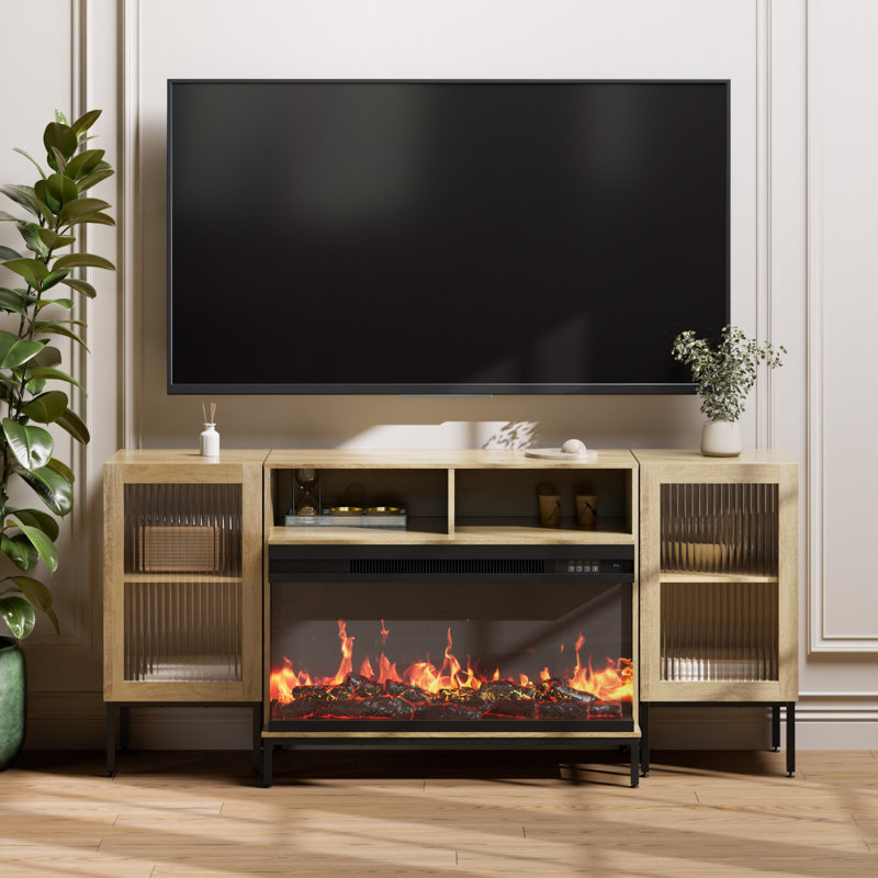 Latitude Run 3 sided Glass Fireplace Tv Stand For Tvs Up To 75 With 12 Color Media Entertainment Center Console Table With Glass Doors Closed Storage Oak Wayfair